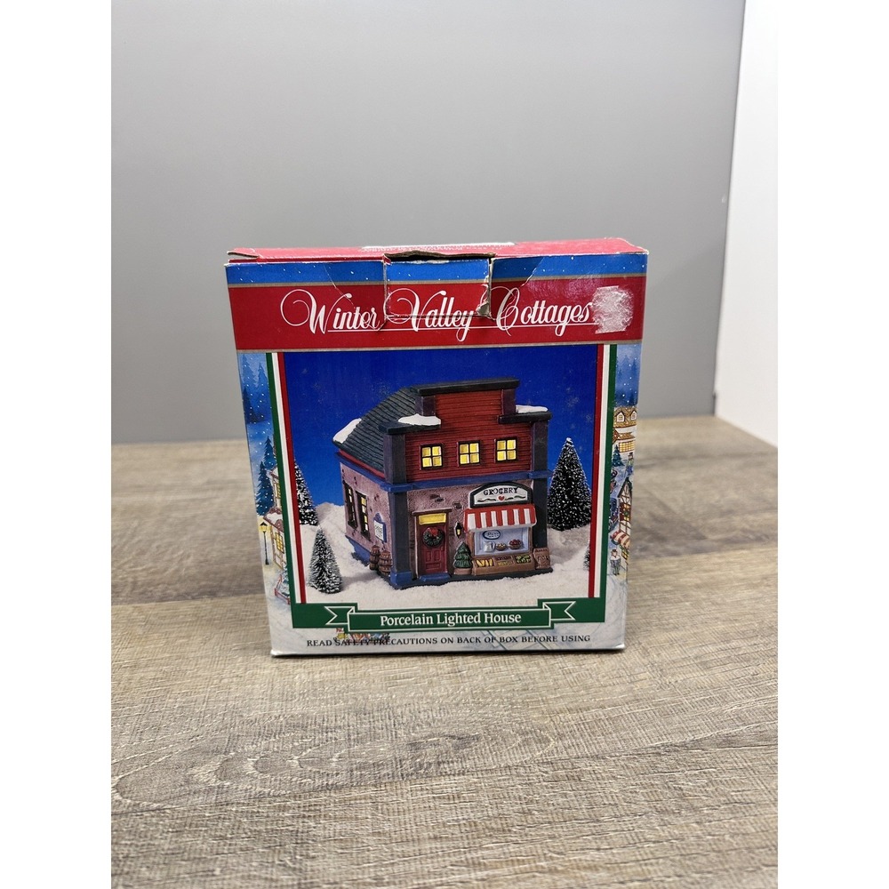 Winter Valley Cottages Lighted Porcelain Grocery Store – Christmas Collectible